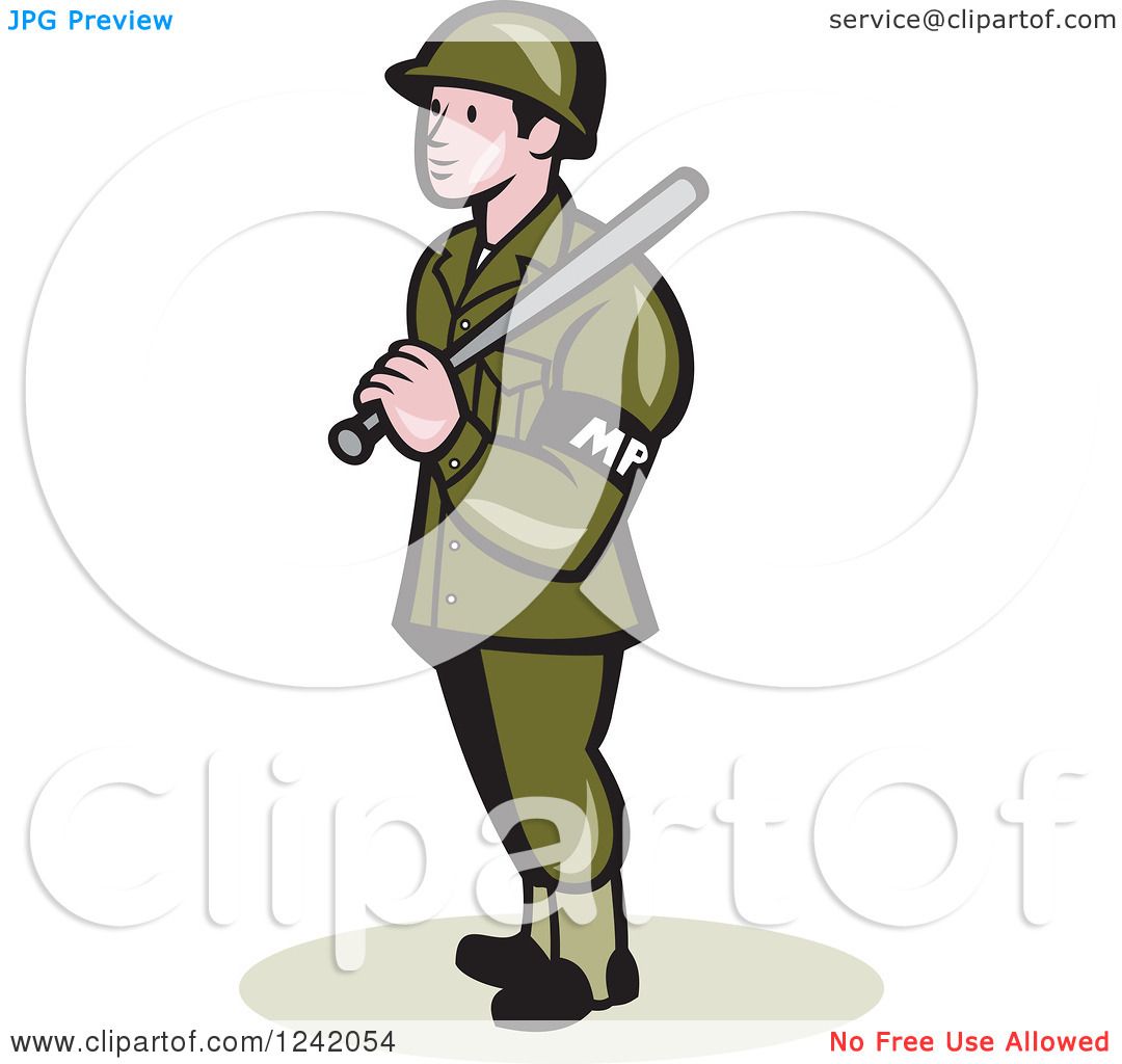 Clipart of a Cartoon Military Police Officer with a Baton - Royalty