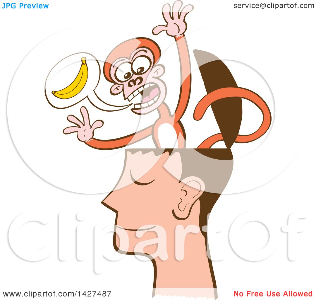 Clipart of a Cartoon Mind Monkey in a Man's Head, Screaming About