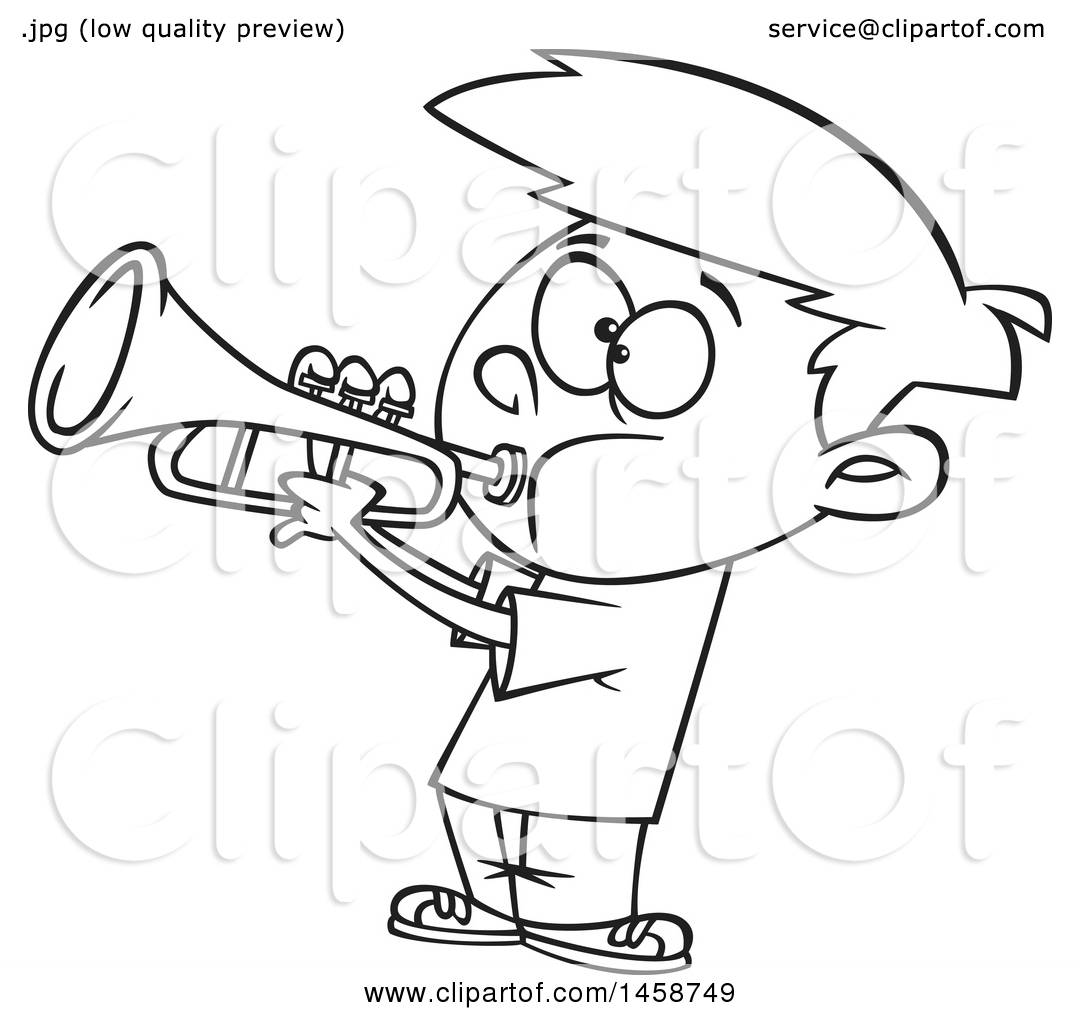 Clipart of a Cartoon Outline Boy Playing a Trumpet - Royalty Free Vector  Illustration by toonaday #1458749