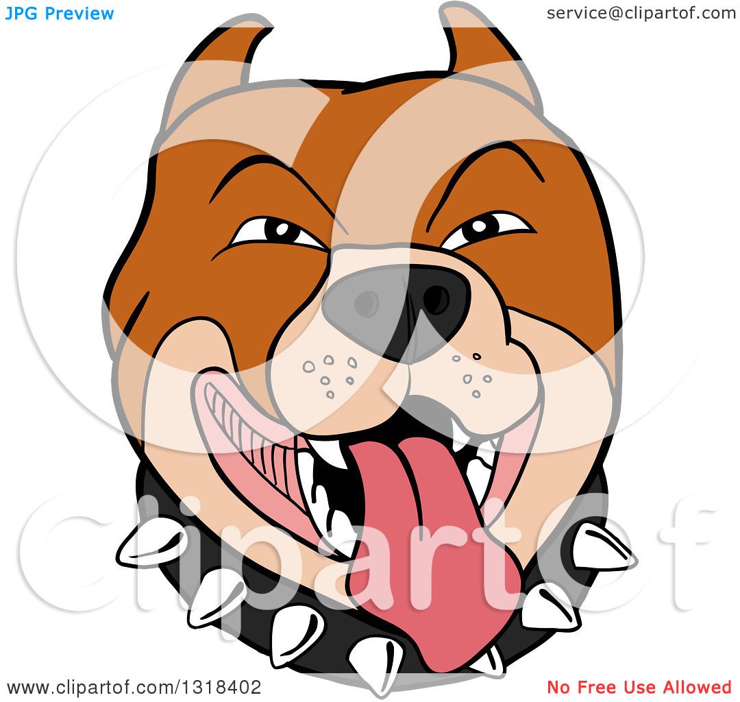 Clipart of a Cartoon Panting Pitbull Face with a Spiked Collar