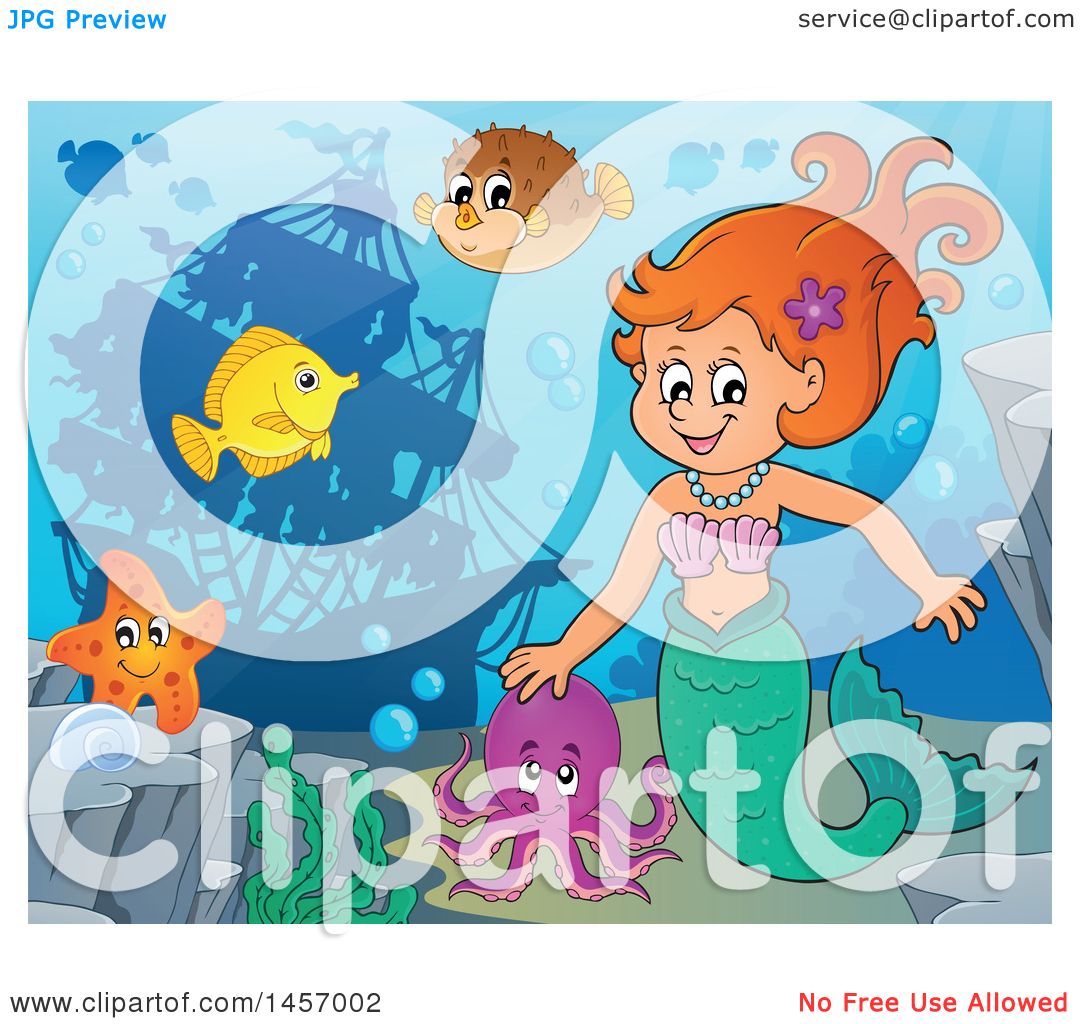 Clipart Of A Cartoon Red Haired Mermaid And Sea Creatures