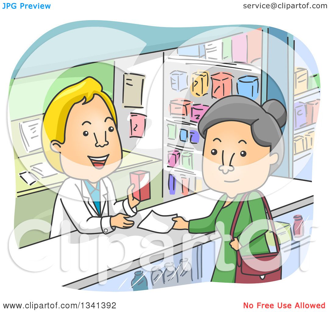 Clipart of a Cartoon Senior White Woman Picking up a Prescription in a ...