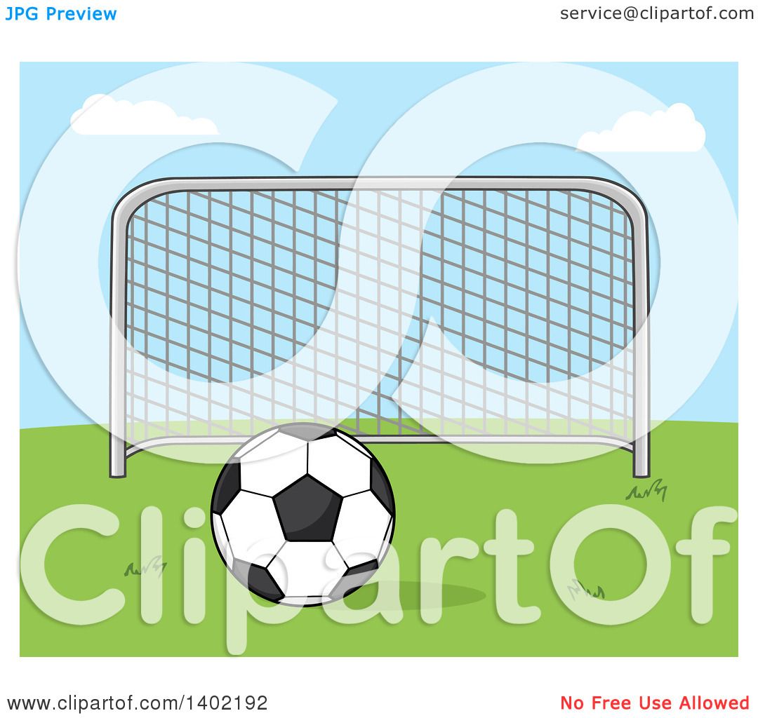 Clipart Of A Cartoon Soccer Association Football Goal And Soccer Ball On Grass Against Blue Sky Royalty Free Vector Illustration By Hit Toon