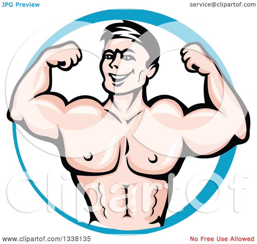 Clipart of a Cartoon Strong White Male Bodybuilder Flexing His Muscles in a  Blue Circle - Royalty Free Vector Illustration by Vector Tradition SM  #1338135