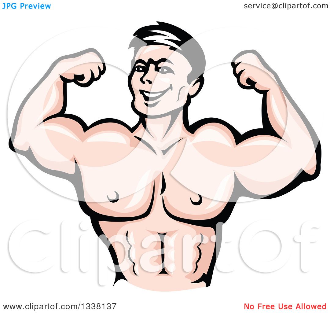 Clipart Of A Cartoon Strong White Male Bodybuilder Flexing His Muscles