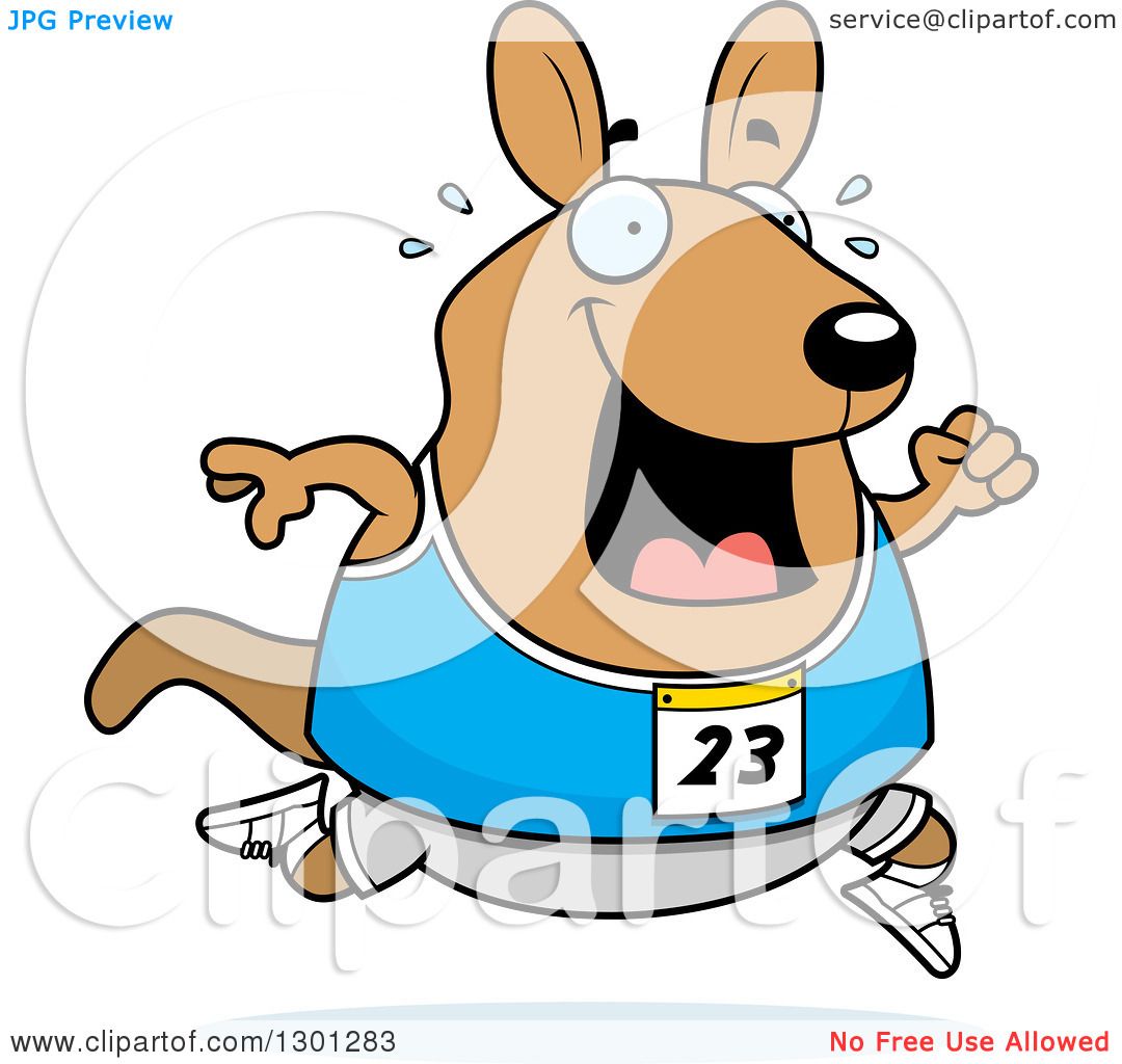 Clipart of a Cartoon Sweaty Chubby Wallaby Running a Track and Field