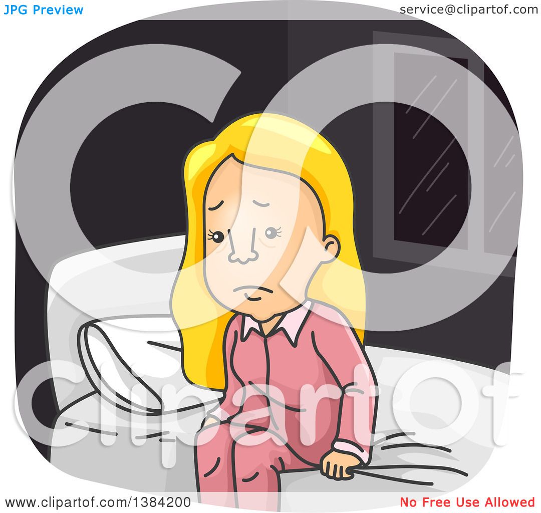 Clipart of a Cartoon Tired Blond White Woman Sitting on a Bed on a ...