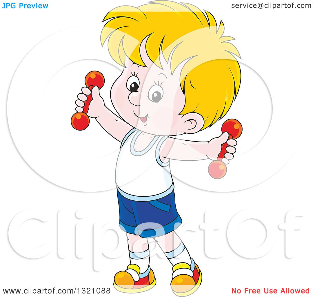 Clipart of a Cartoon White Boy Working out with Dumbbells - Royalty