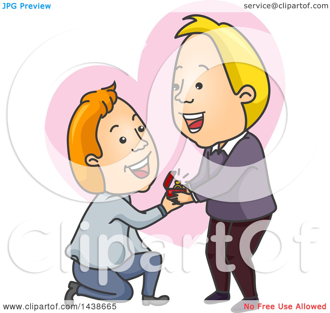 Clipart of a Cartoon White Gay Man Kneeling and Proposing to His Boyfriend  over a Heart - Royalty Free Vector Illustration by BNP Design Studio  #1438665