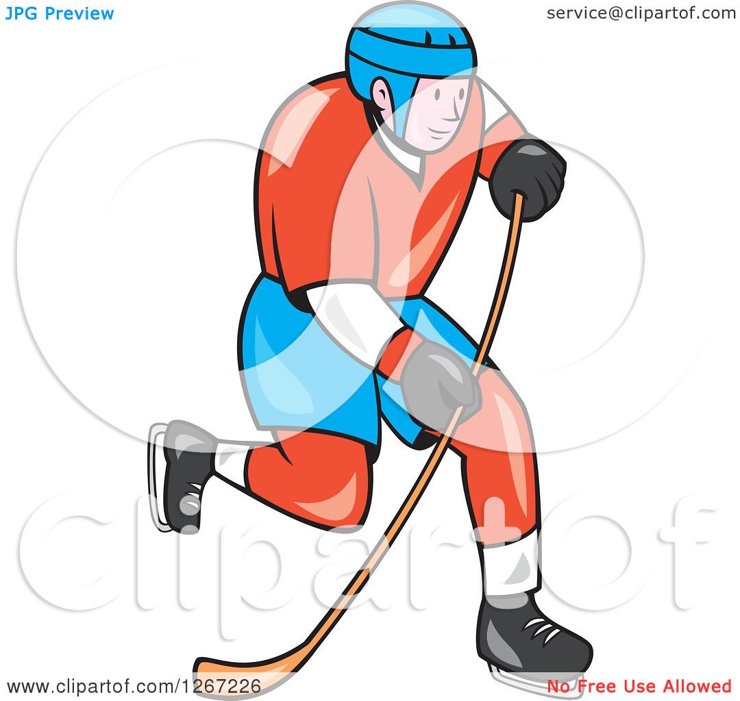 Clipart of a Cartoon White Male Hockey Player Skating - Royalty Free