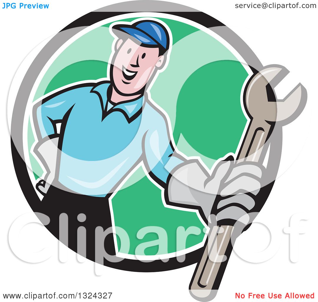 Clipart Of A Cartoon White Male Mechanic Holding Out A Wrench And Emerging From A Black White