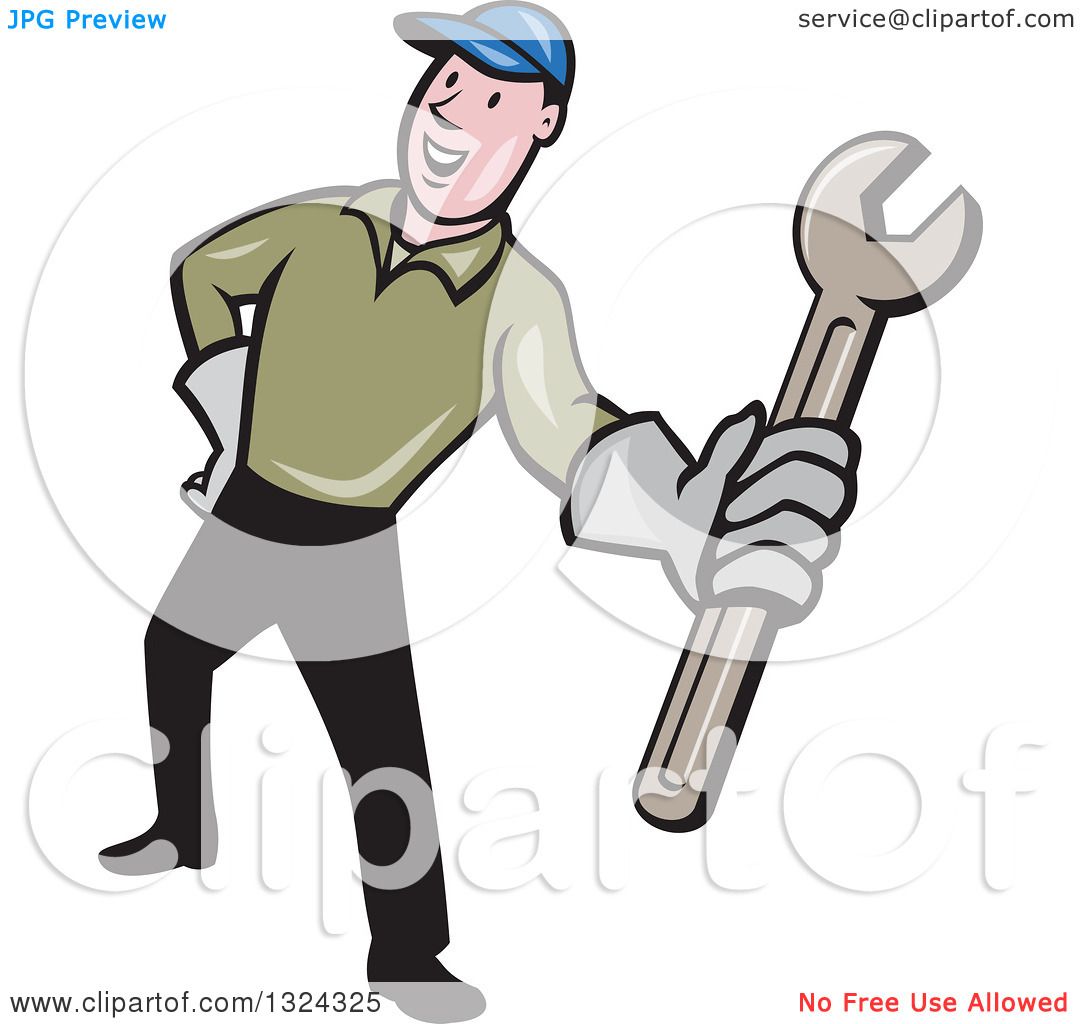 Clipart Of A Cartoon White Male Mechanic Holding Out A Wrench Royalty Free Vector Illustration