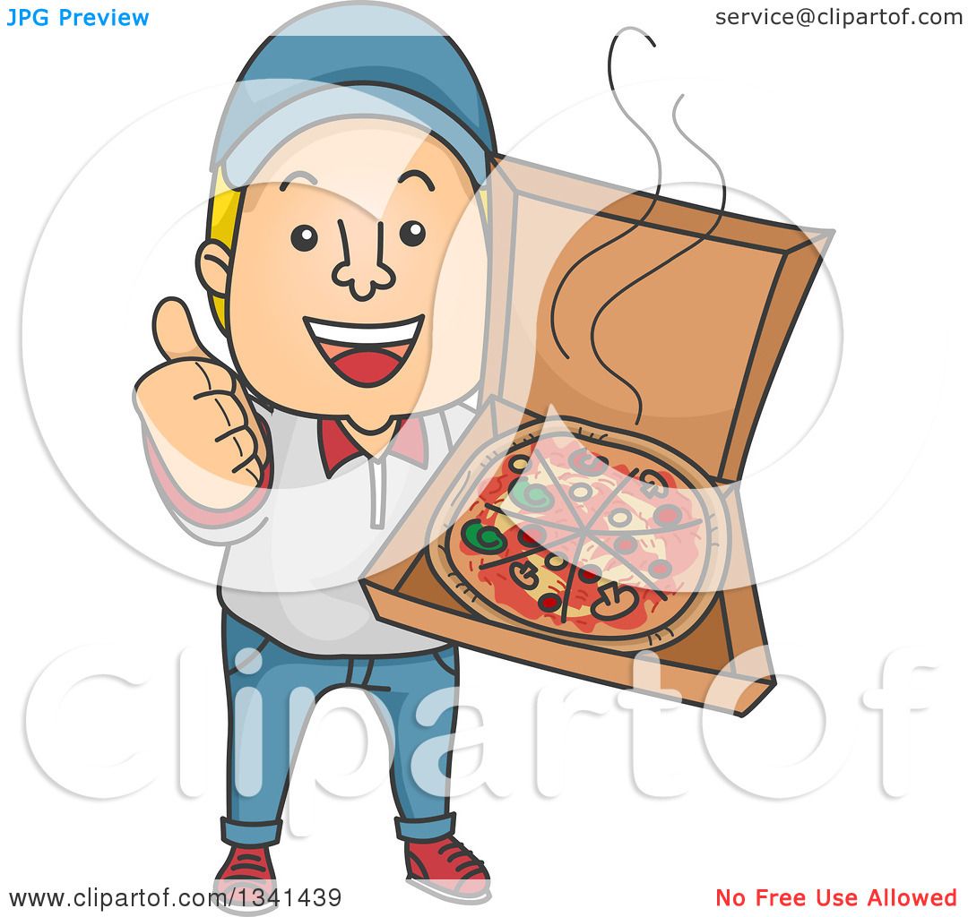 Clipart of a Cartoon White Male Pizza Delivery Man Giving a Thumb up and  Holding an Open Box - Royalty Free Vector Illustration by BNP Design Studio  #1341439