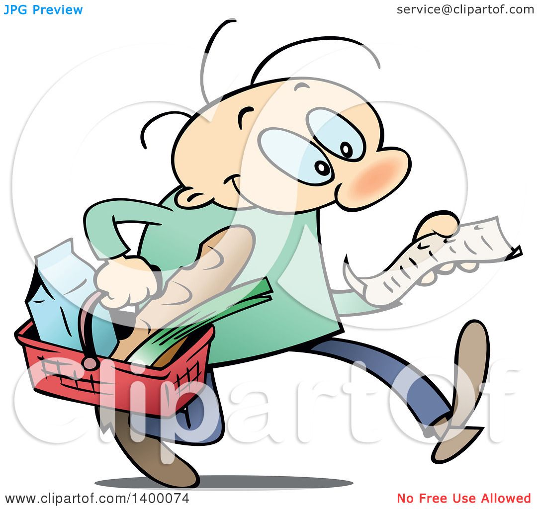 Clipart of a Cartoon White Man Carrying a Basket and Reading a Grocery