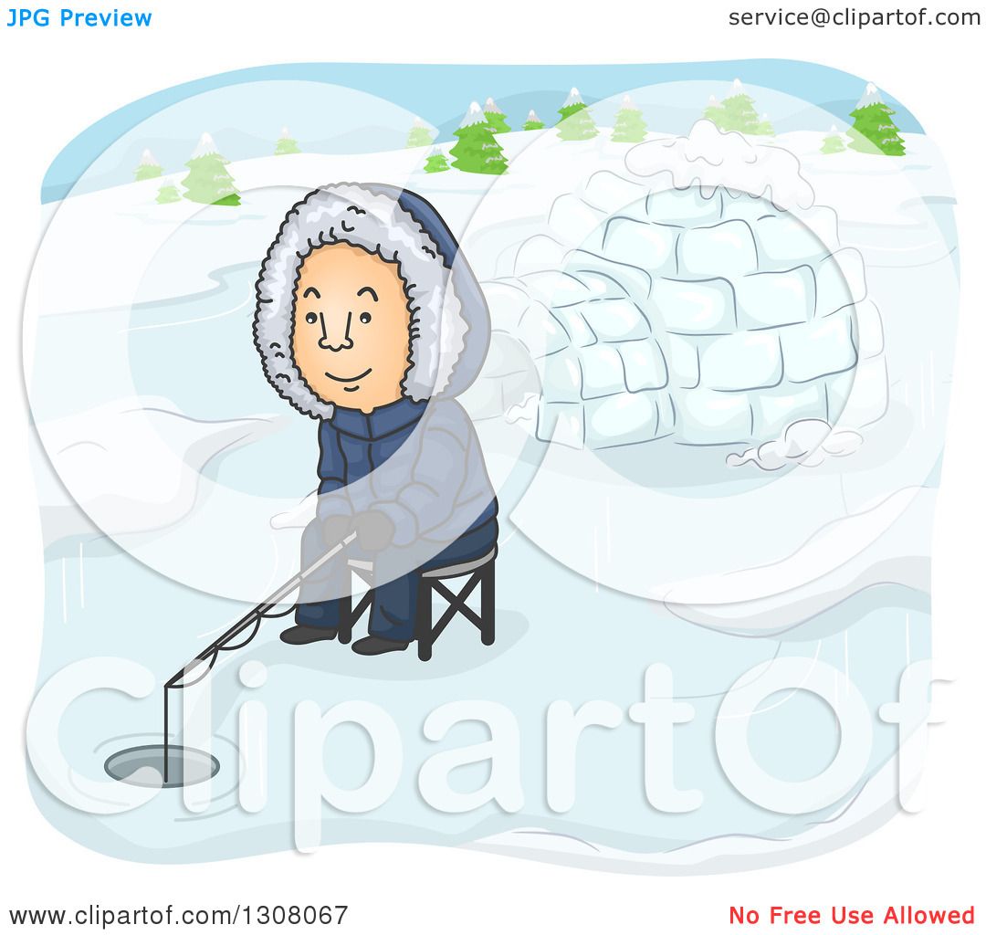 Download Clipart of a Cartoon White Man Ice Fishing near an Igloo ...