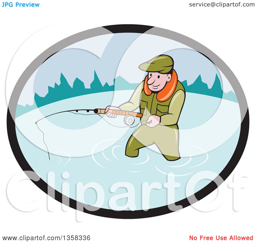 Download Clipart of a Cartoon White Man Wading and Fly Fishing in ...