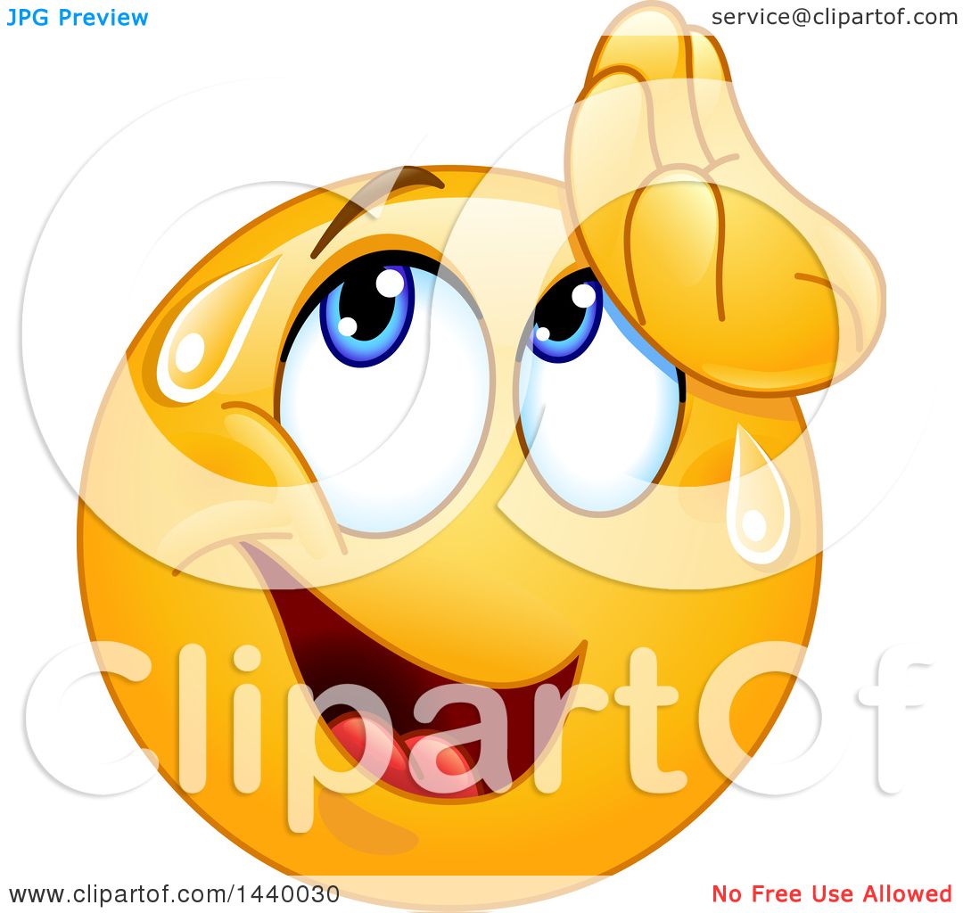 Clipart of a Cartoon Yellow Emoji Smiley Face Emoticon Wiping Sweat from Hi...