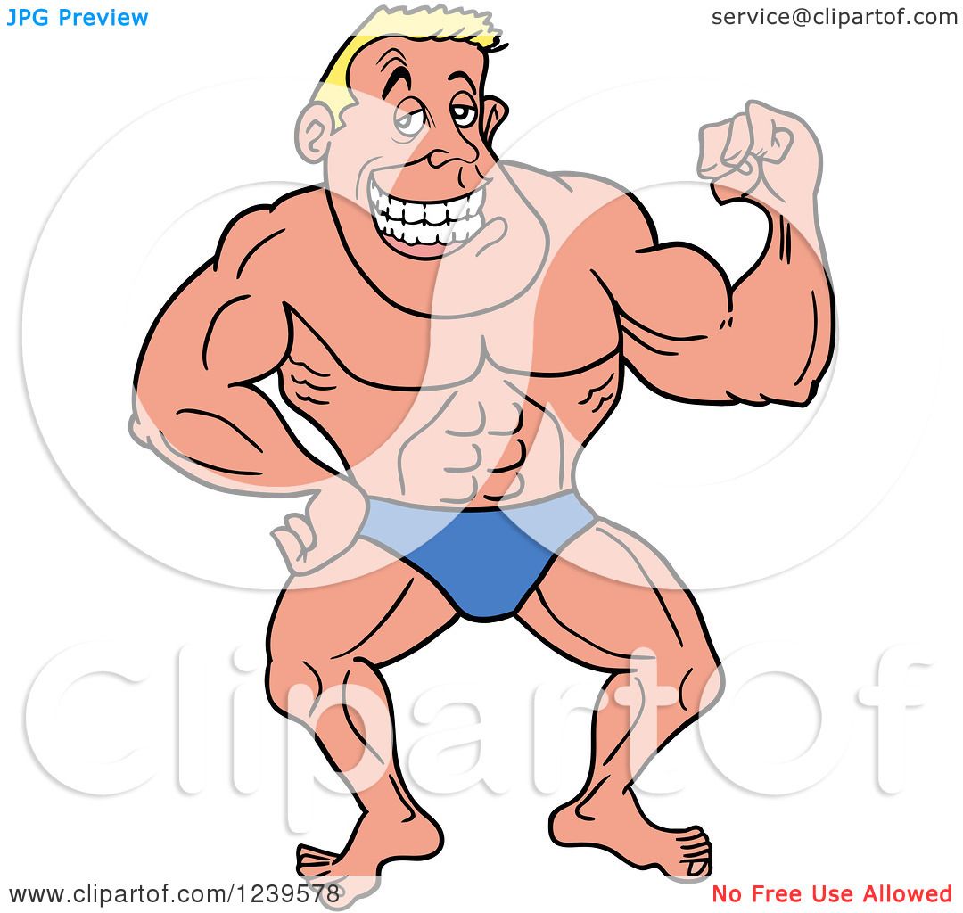 Clipart Of A Caucasian Bodybuilder Muscle Man Flexing His