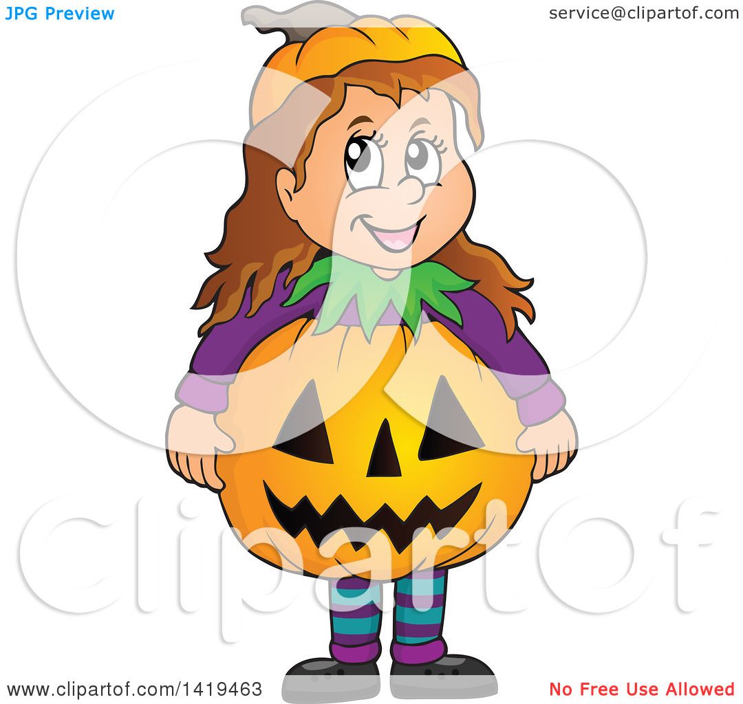 Clipart of a Caucasian Girl in a Halloween Pumpkin Costume ...