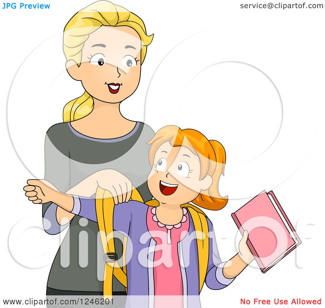 Clipart Of A Caucasian Mother Helping Her Daughter Get Ready For School Royalty Free Vector Illustration By Bnp Design Studio