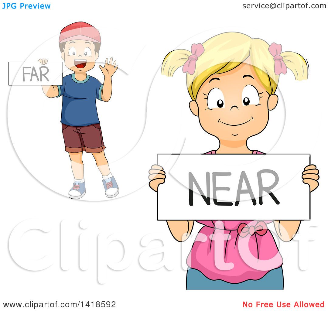 Clipart Of A Caucasian School Boy And Girl Holding Far And Near Signs Royalty Free Vector Illustration By Bnp Design Studio