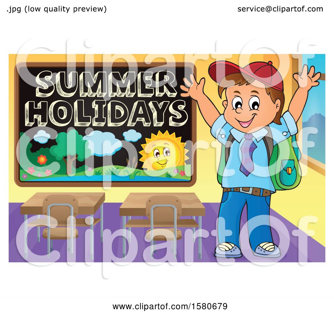 Download Clipart of a Cheering School Boy by a Summer Holidays ...