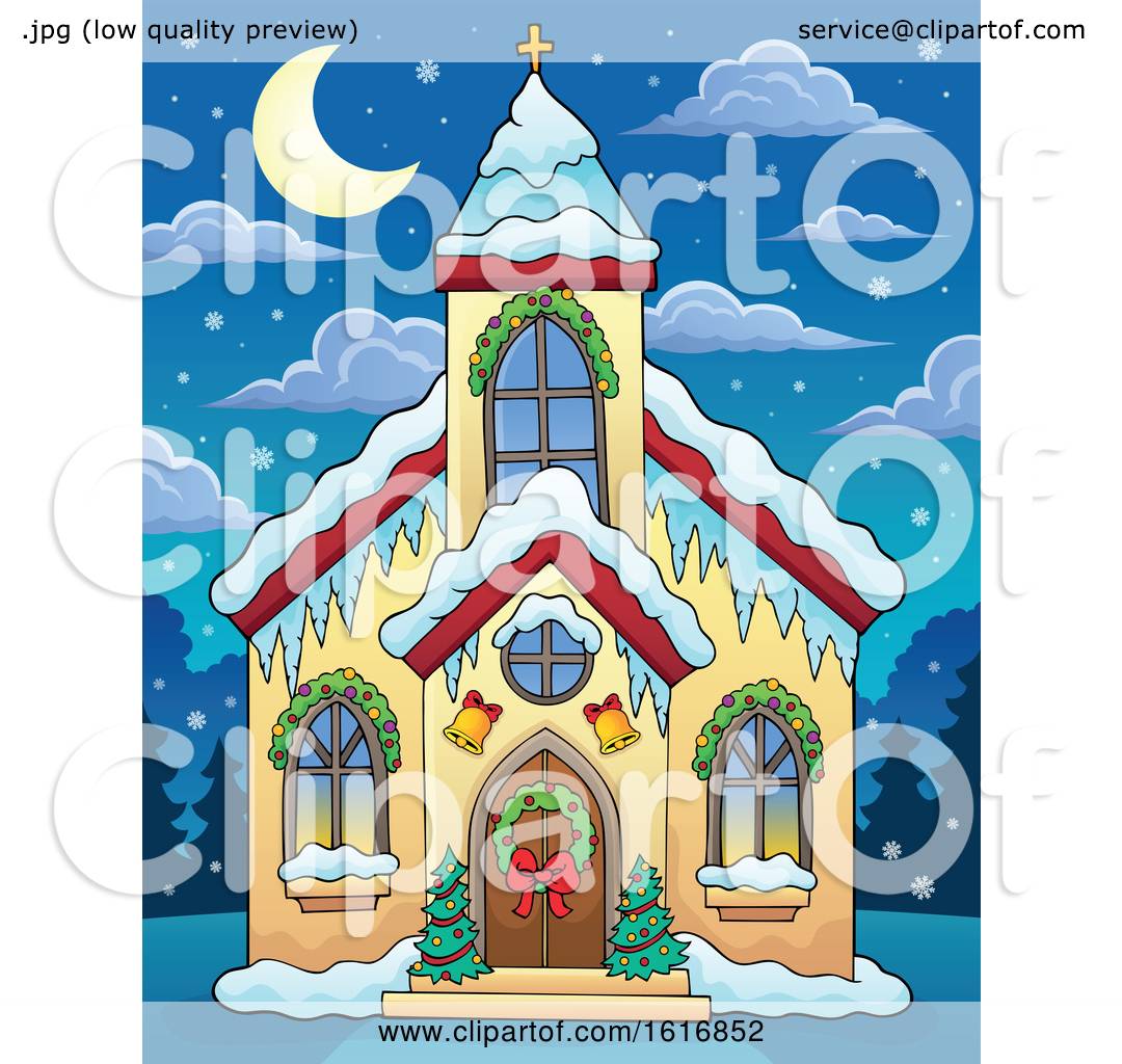 Clipart of a Christmas Church at Night Royalty Free
