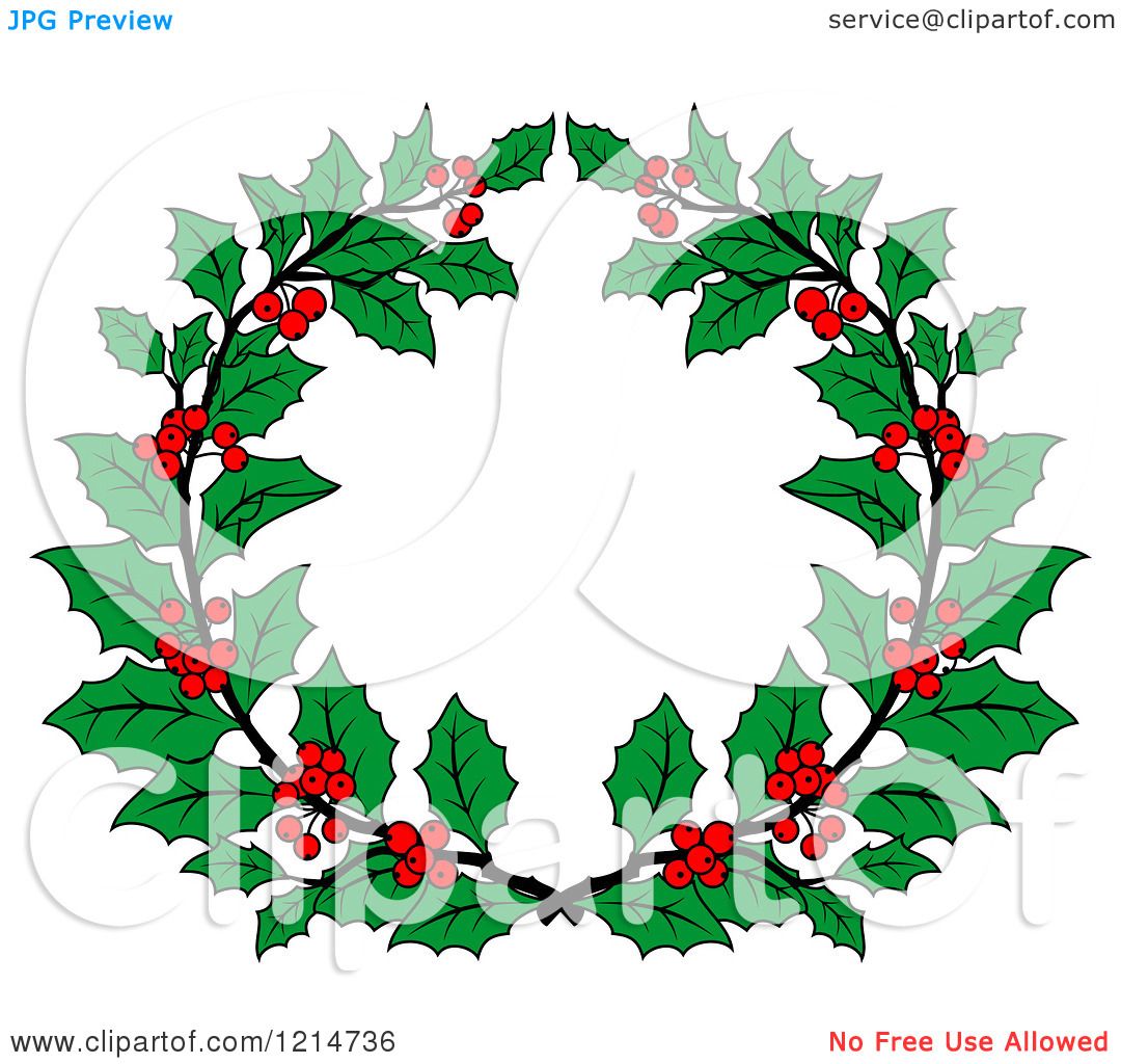 Clipart of a Christmas Holly Wreath 2 Royalty Free
