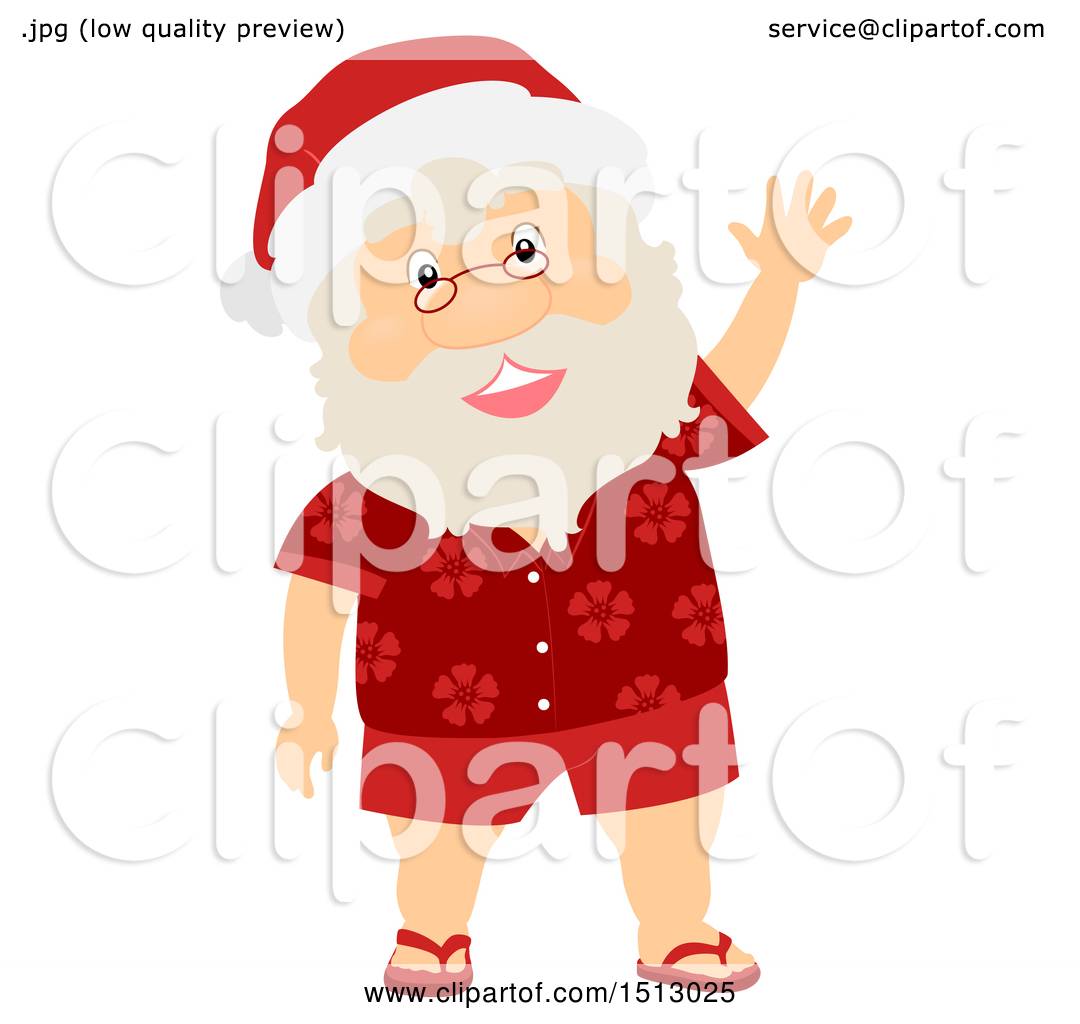 Clipart of a Christmas Santa Claus Wearing a Hawaiian Shirt and Waving -  Royalty Free Vector Illustration by BNP Design Studio #1513025