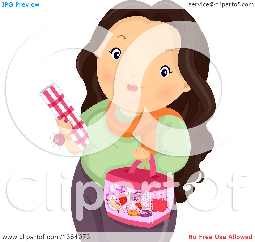 Clipart of a Chubby Brunette White Woman Carrying Fabric and a Sewing ...