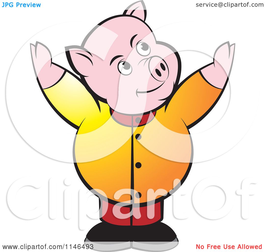 Clipart of a Chubby Pig with Both Arms up - Royalty Free Vector