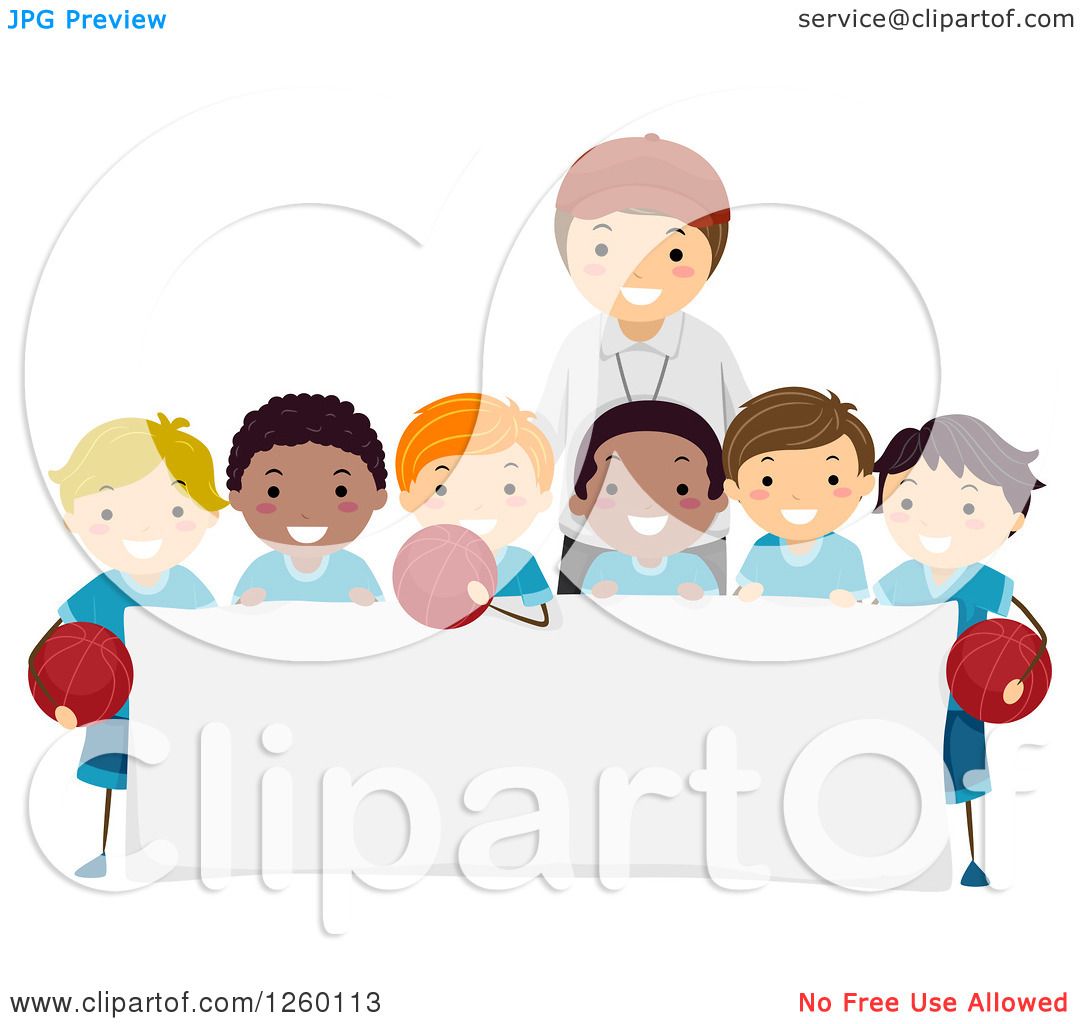 Clipart of a Coach and Group of Happy Basketball Team Boys ...