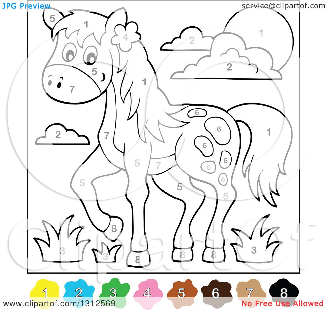 Download Clipart of a Color by Number Horse, Grass, Sun and Clouds ...