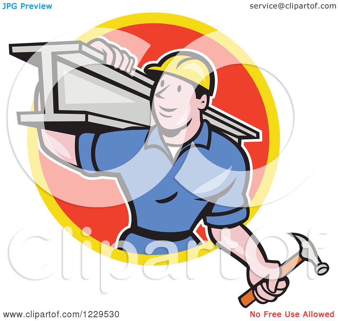 Clipart of a Construction Worker Foreman Carrying a Steel Beam in a Red Circle Royalty Free