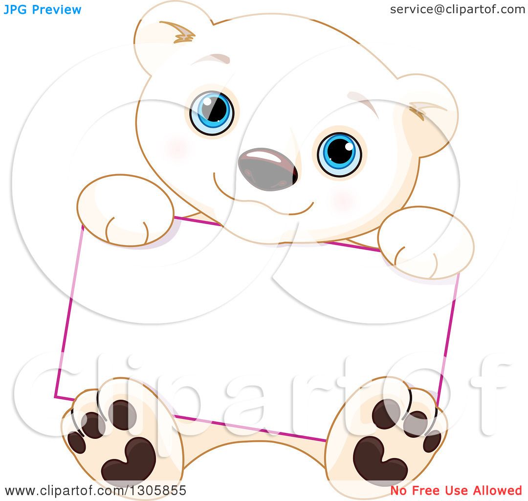 Clipart Of A Cute Baby Polar Bear Cub Sitting And Holding A Blank Sign
