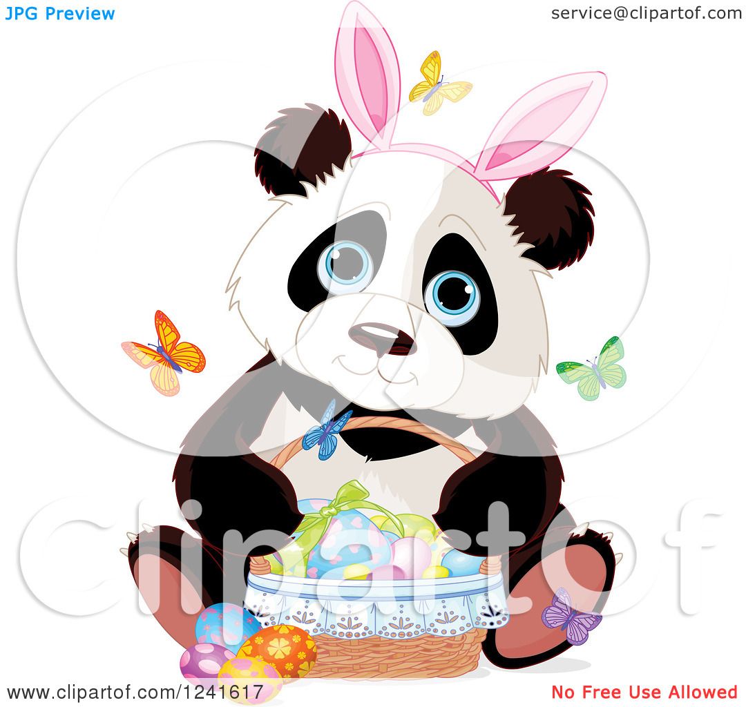 Clipart Of A Cute Panda Wearing Bunny Ears And Sitting With A Basket Of Easter Eggs And