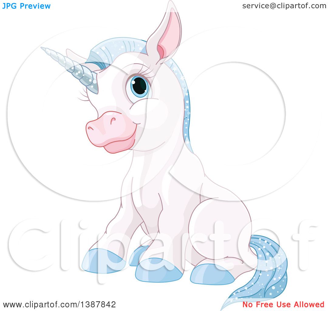 Clipart of a Cute White Baby Unicorn with Blue Hair ...