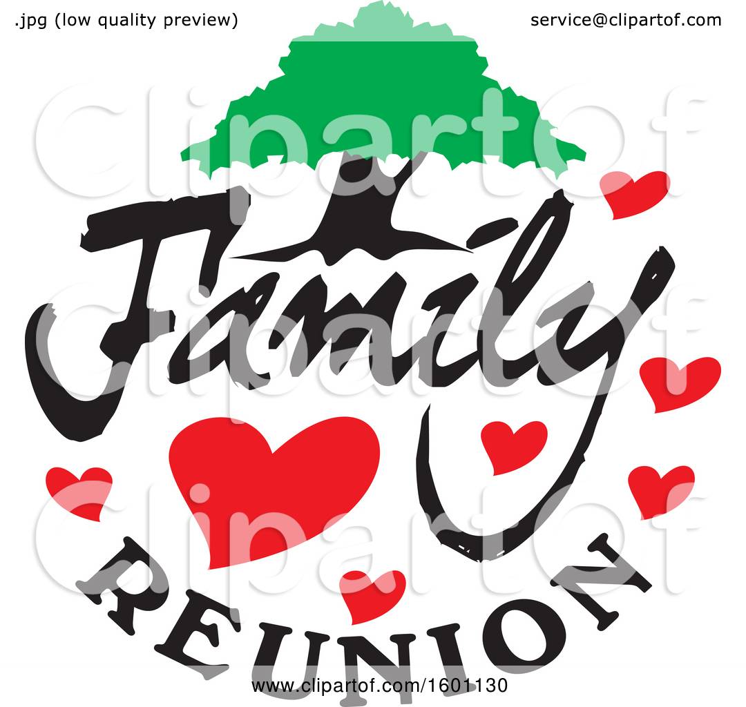 Clipart of a Family Reunion Design with a Tree and Hearts