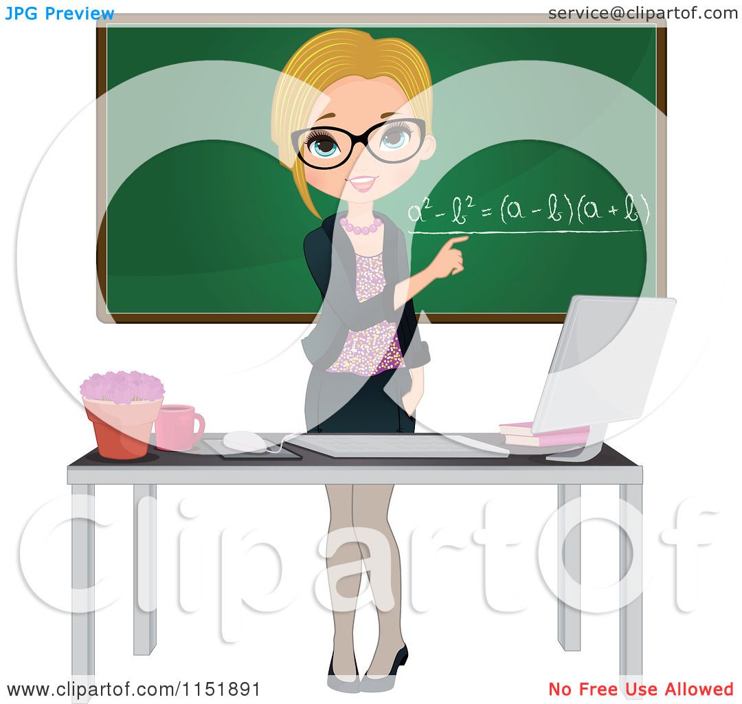 Clipart Of A Female Math Teacher At A Desk With A Computer By A