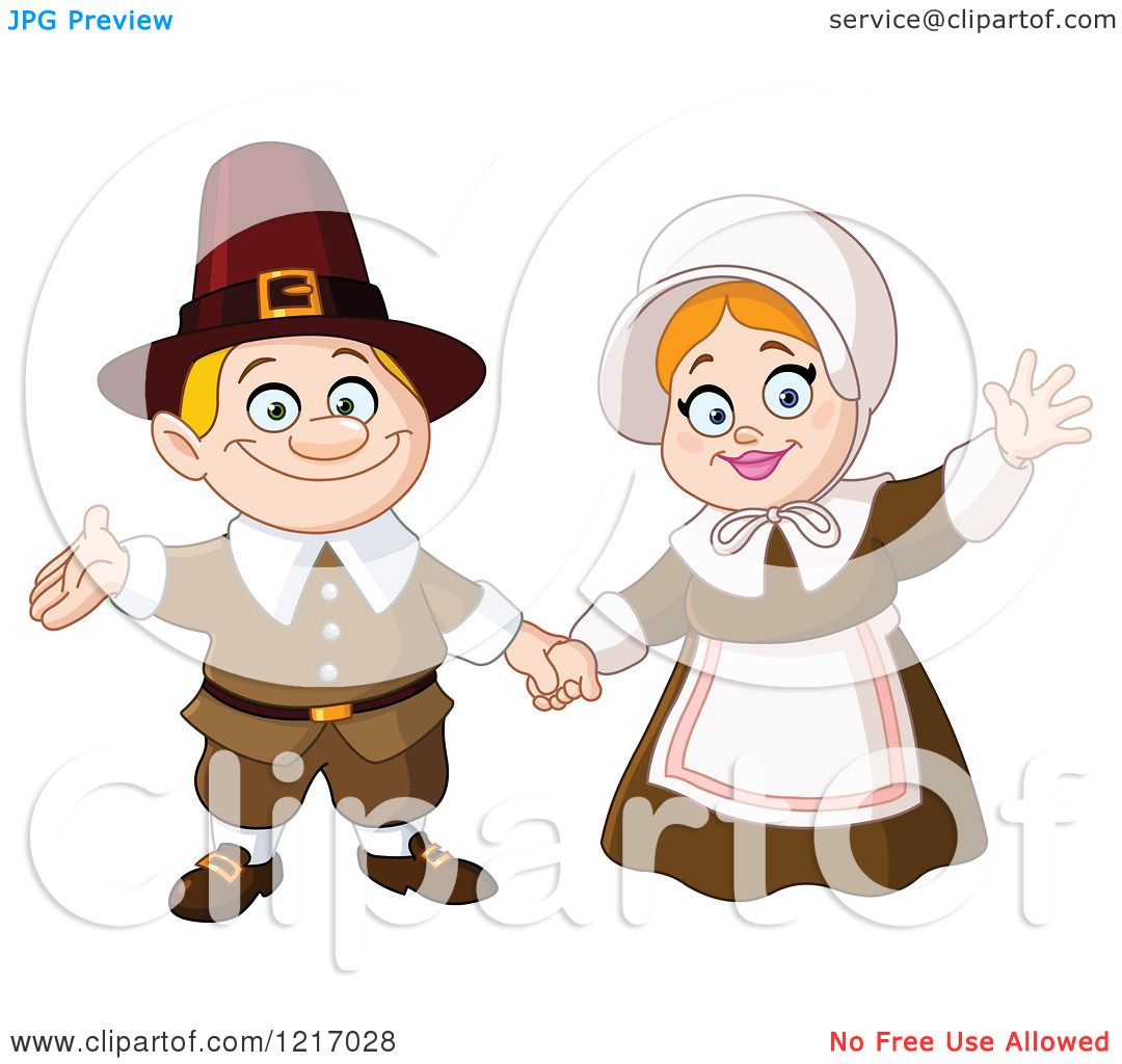 Clipart Of A Friendly Thanksgiving Pilgrim Couple Waving Royalty Free Vector Illustration By