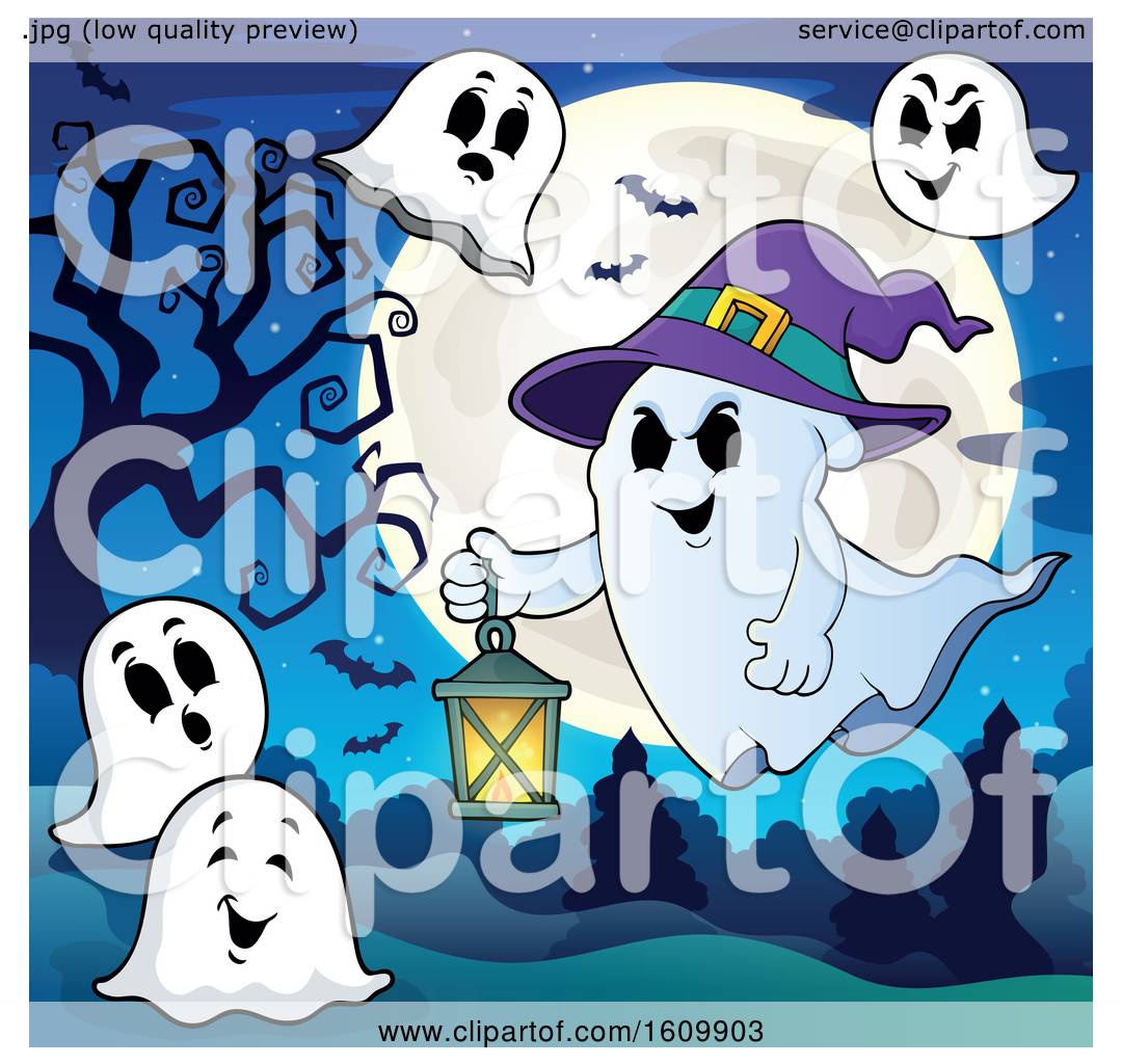 Clipart of a Ghost Flying with a Lantern - Royalty Free Vector ...