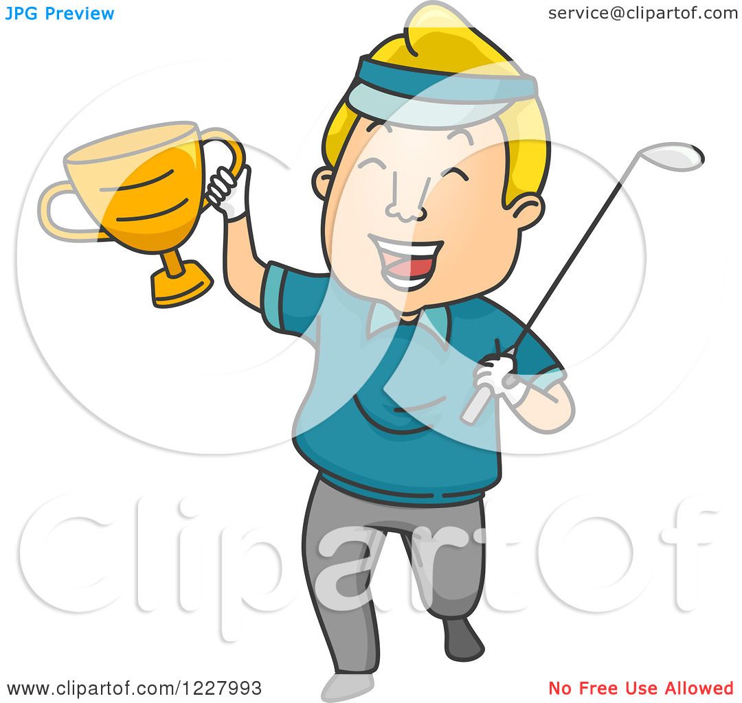 Clipart of a Golfer Champion Holding a Trophy and Club - Royalty Free