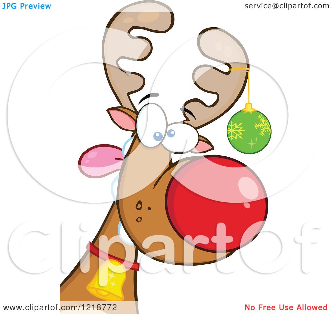 Clipart of a Goofy Christmas Red Nosed Rudolph Reindeer with a Bauble ...