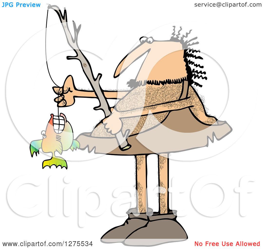 Clipart Of A Hairy Caveman With A Fishing Pole And His -6653