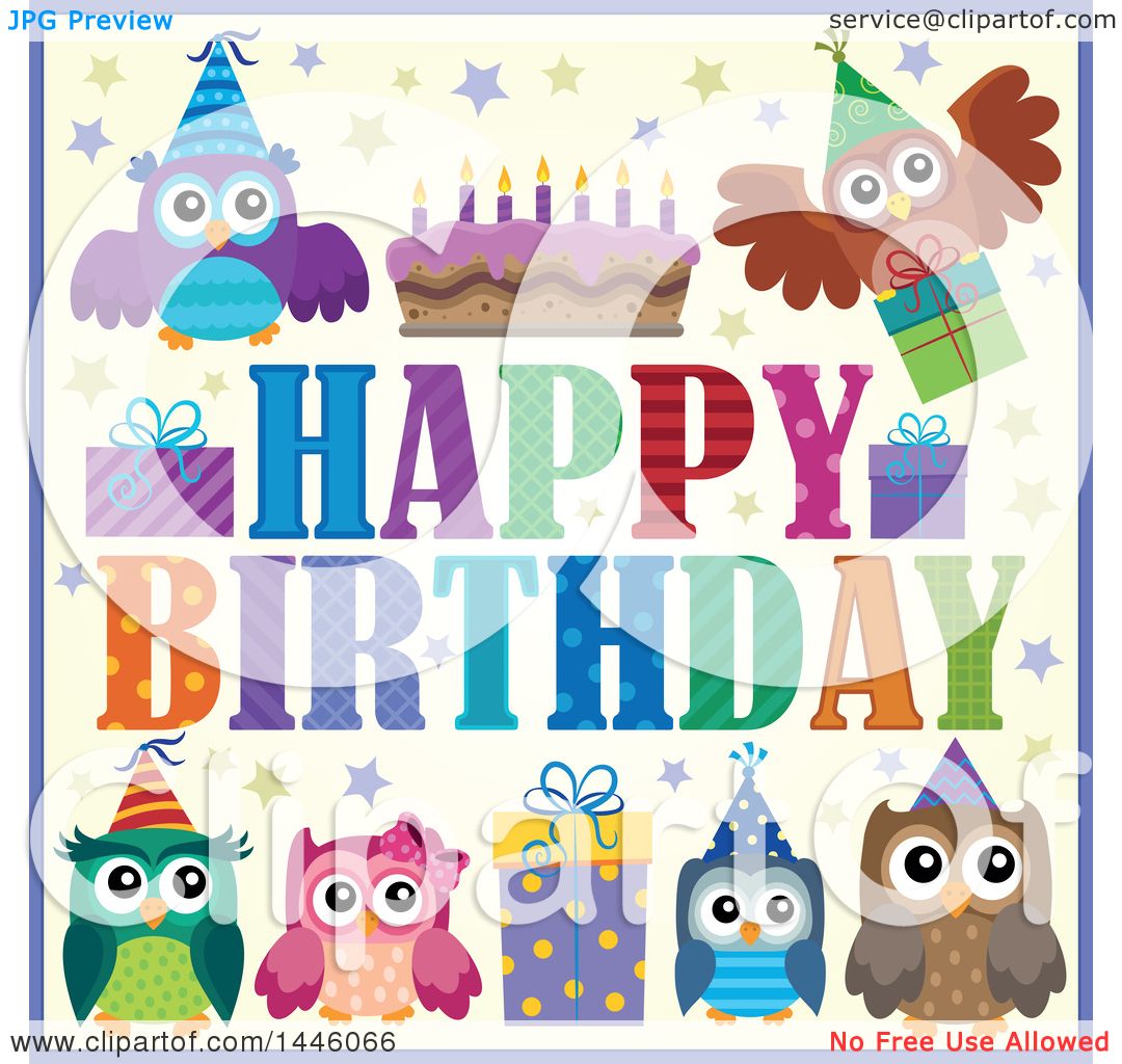 Clipart of a Happy Birthday Greeting with a Cake, Gifts and Party Owls ...