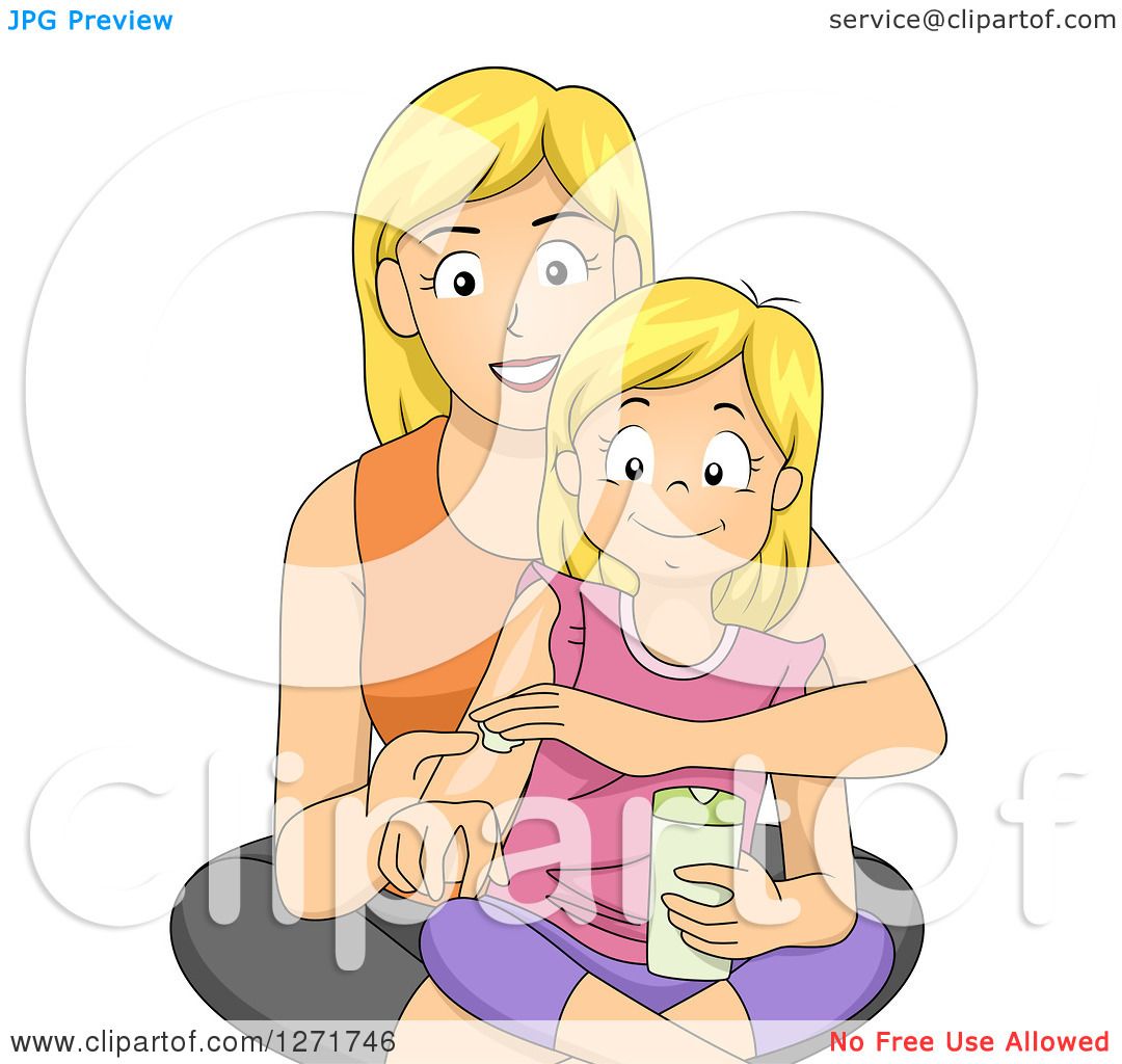 Clipart Of A Happy Blond White Mother Teaching Her Daughter About Skin Care Royalty Free