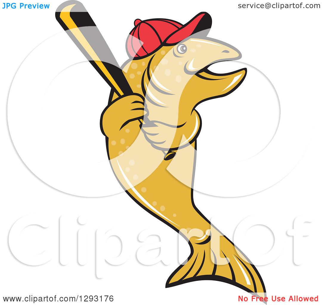 Clipart of a Happy Cartoon Trout Fish with a Baseball Bat and Cap
