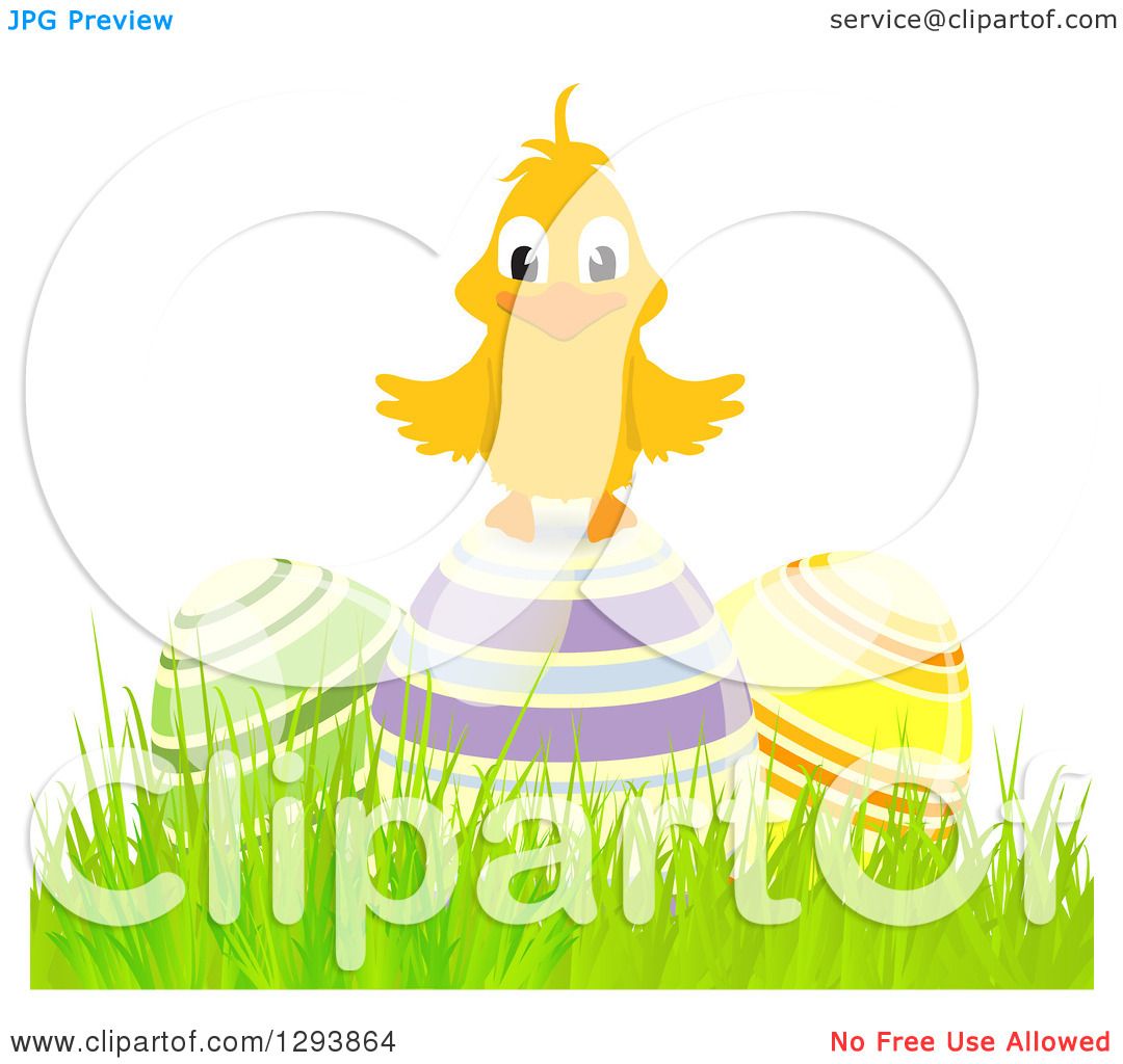 Clipart of a Happy Chick on 3d Colorful Striped Easter Eggs in Grass ...
