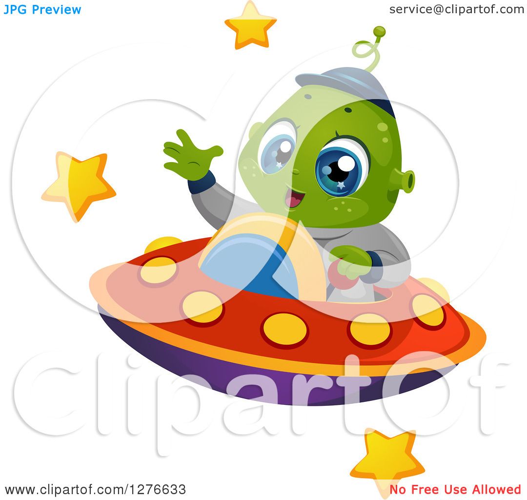 Clipart of a Happy Cute Alien Boy Waving and Flying a UFO ...