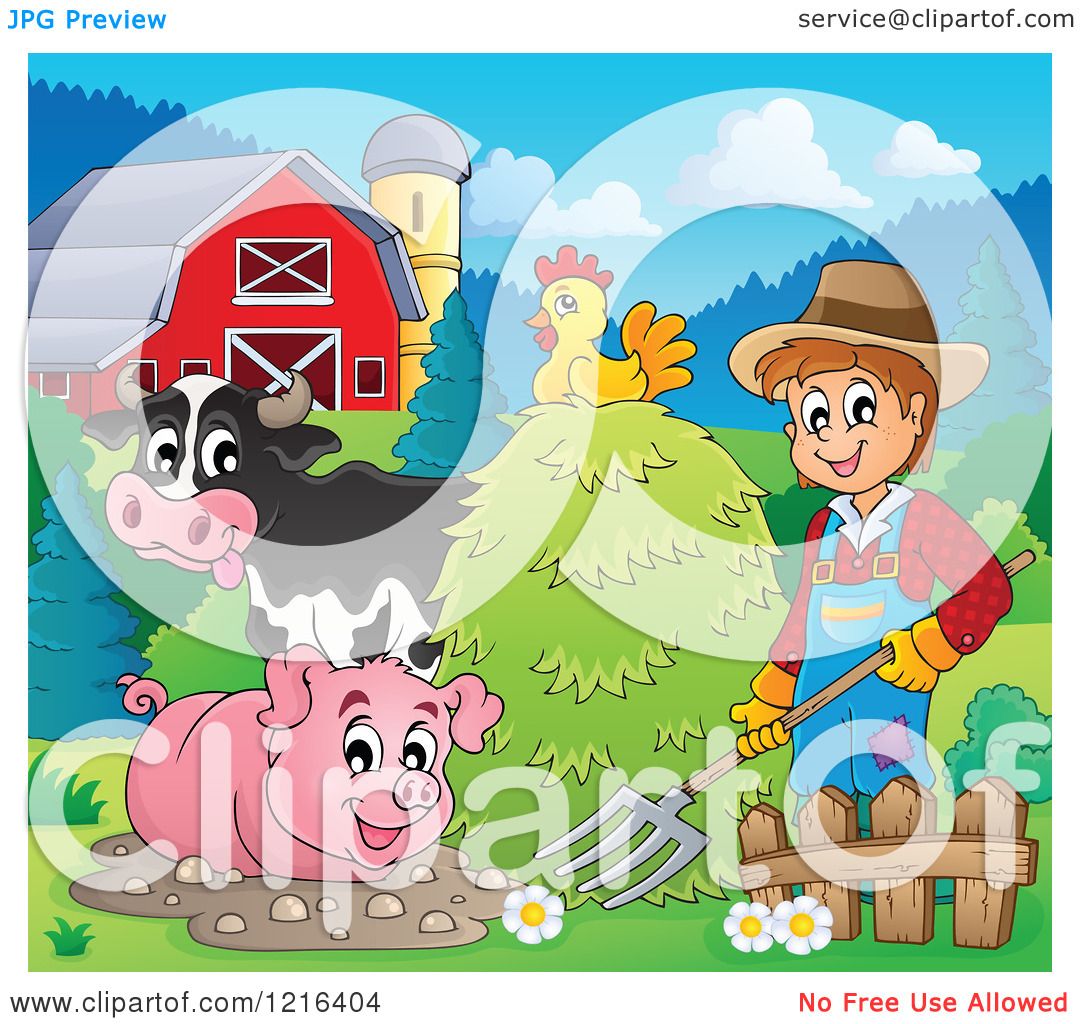Clipart of a Happy Farmer with Hay a Chicken Cow and Pig in a Barnyard ...